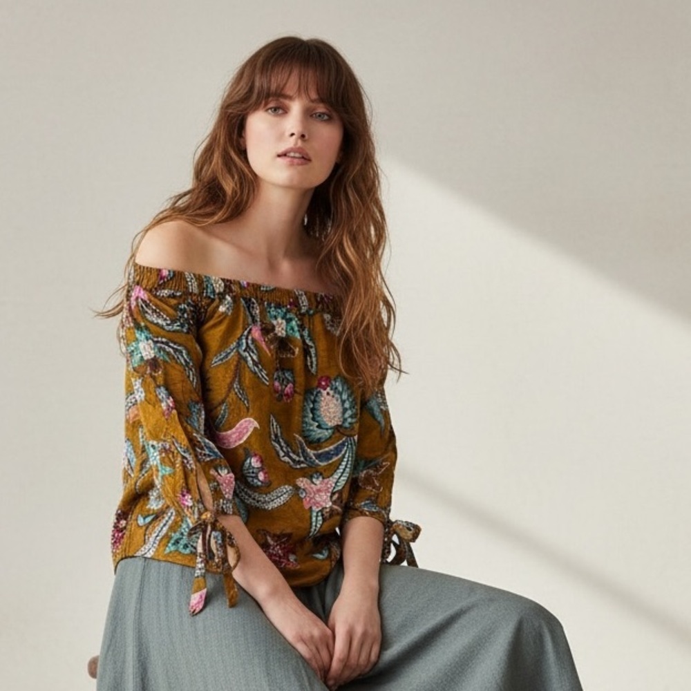 Hayden LA Brown Multicolor Floral Off Shoulder 3/4 Sleeve Milkmaid Blouse Size M